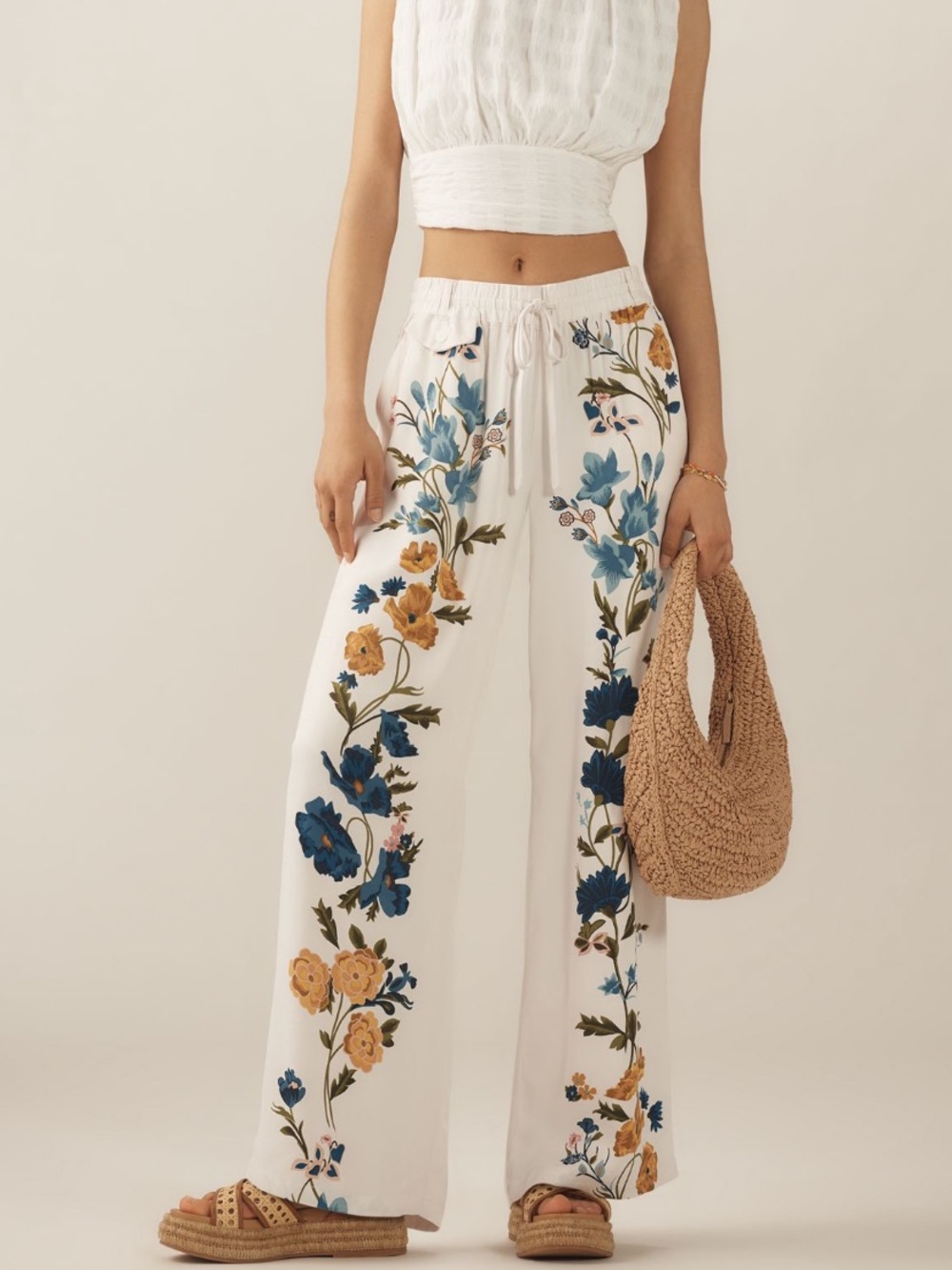 Anthropologie Neutral Wide-Leg Pants with Blue & Mustard Floral Print